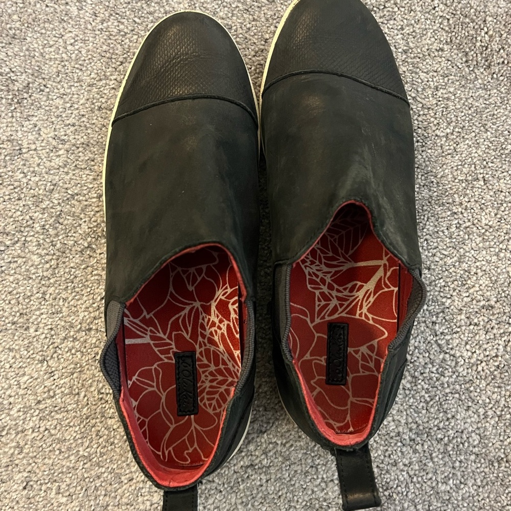 OluKai Black Ankle Booties with Red Interior